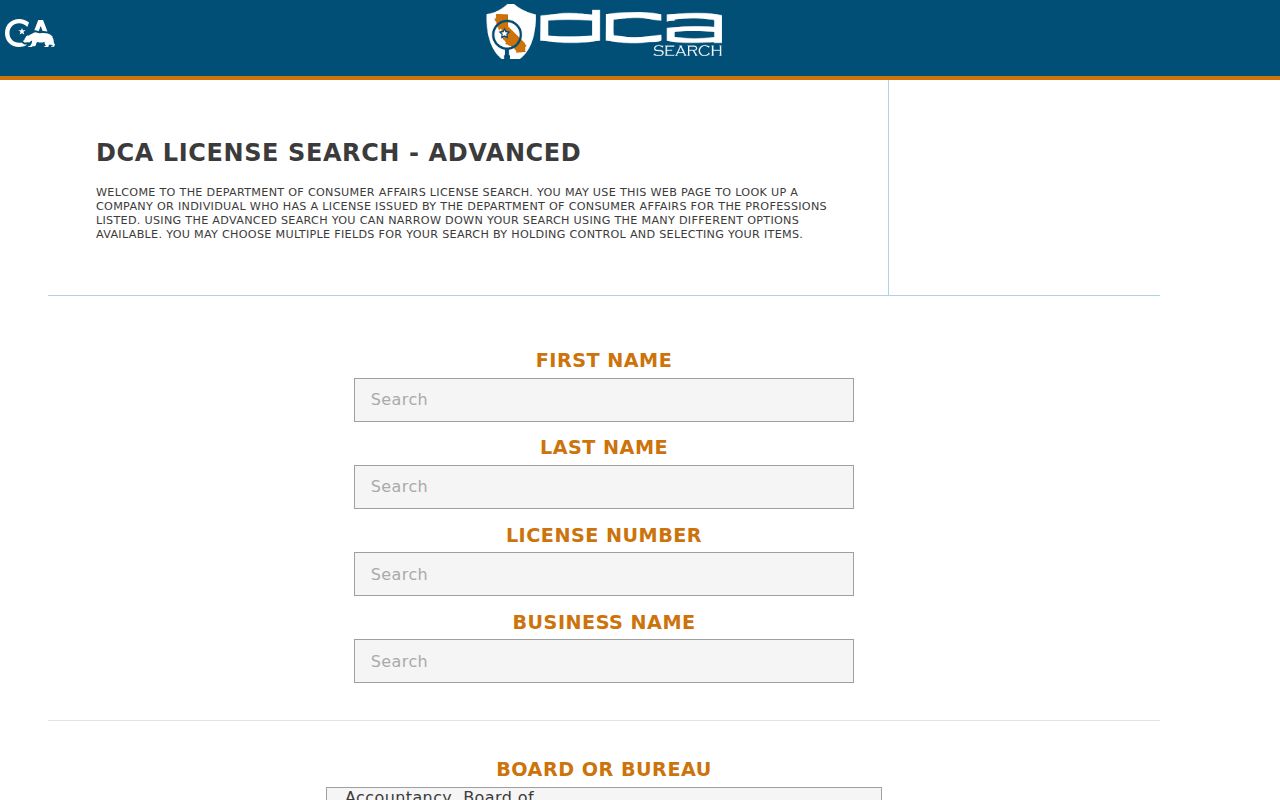Goleta people search fields in the California DCA advanced license portal