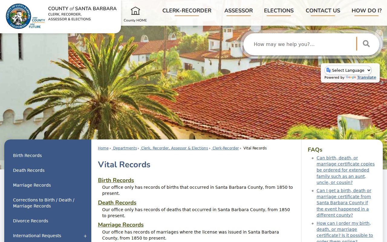 Goleta public records options on the Santa Barbara County vital records page